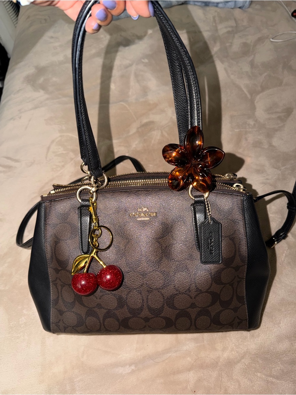 Coach Brown Signature Canvas Satchel with Black Handles and Red Charm